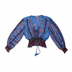 Gypsy Love Blue Floral Smocked Waist Peplum Top Size Small Boho V-Neck